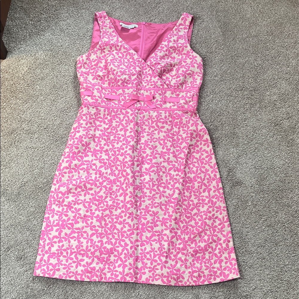 RARE!! Vintage Maggy London Linen Cotton Pink Floral Dress sz12 Ribbon Bow Waist